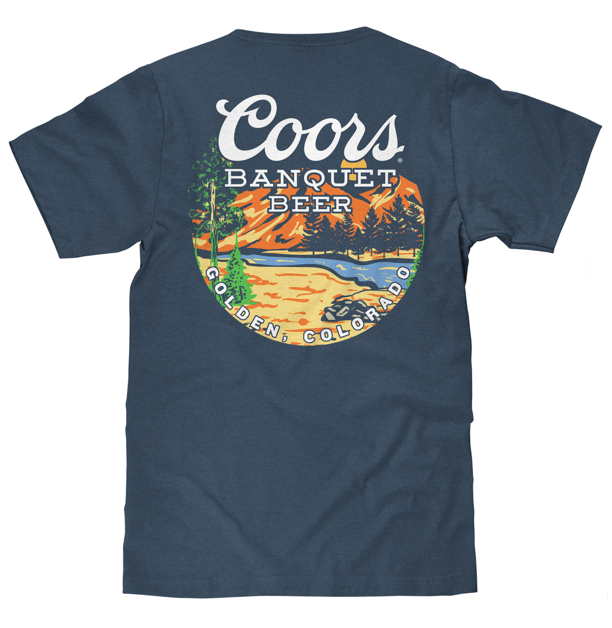 Coors Banquet Retro Colorado Mountain Landscape T-Shirt - Indigo Blue