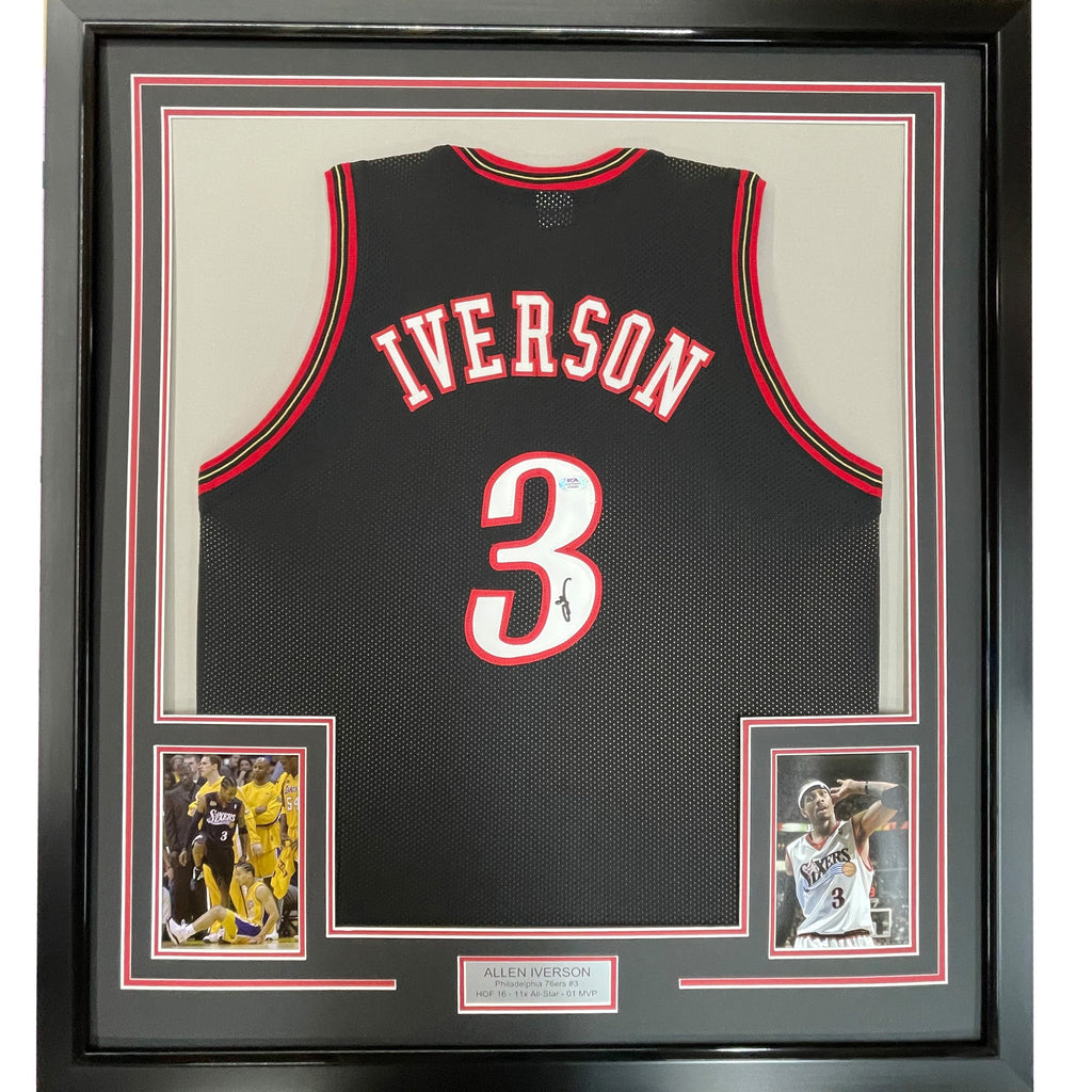 Framed Autographed/Signed Allen Iverson 35x39 Philadelphia Black Basketball Jersey JSA COA
