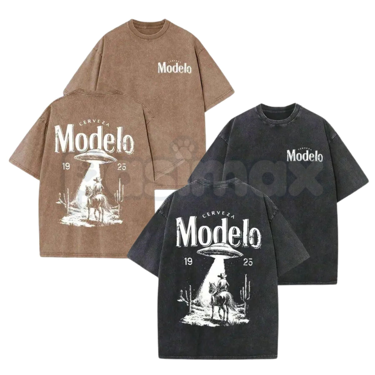 Modelo UFO Cowboy Graphic T-Shirt – Vintage Washed Alien Western Tee, Lightweight Retro Cotton Beer Streetwear